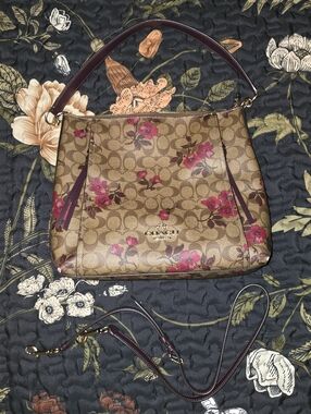 Coach Marlon Hobo Brown Signature Leather Pink Floral Shoulder Bag